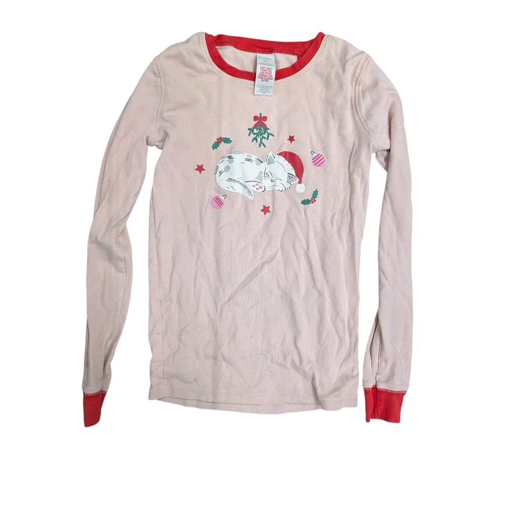 Mini Boden Girls Pink Christmas Kitten Pajama Top Long Sleeve Red Trim- Size 11Y